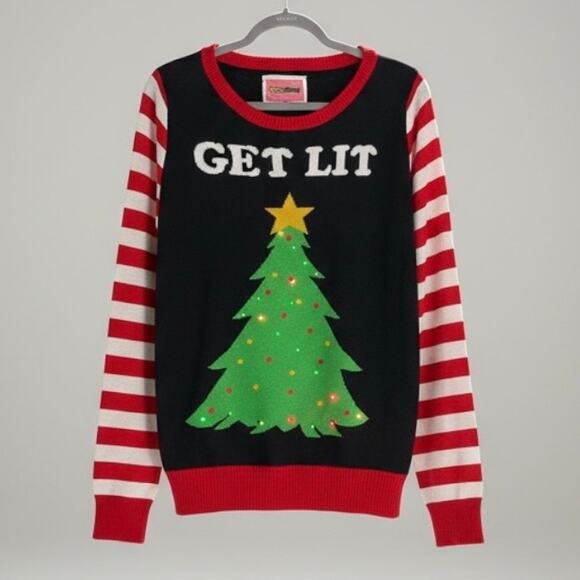 Tipsy Elves LED Light Up Get Lit Ugly Holiday Christmas Tree Knit Sweater - Picture 1 of 9